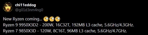 Слух: AMD разрабатывает Ryzen 7 9850X3D и Ryzen 9 9950X3D2 со 192 Мбайтами кэша Слух: AMD разрабатывает Ryzen 7 9850X3D и Ryzen 9 9950X3D2 со 192 Мбайтами кэша