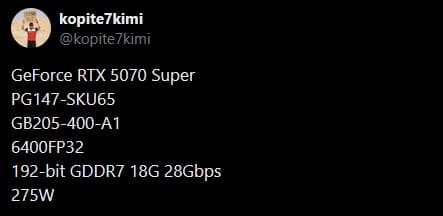 NVIDIA GeForce RTX 5070 SUPER: 6400 CUDA-ядер и 18 Гбайт GDDR7