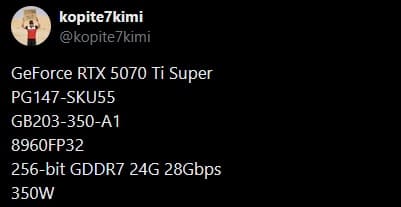 Появились подробные спецификации видеокарты GeForce RTX 5070 Ti SUPER
