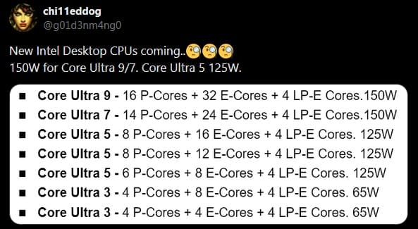 Новые сведения о конфигурациях будущих процессоров Intel Nova Lake-S