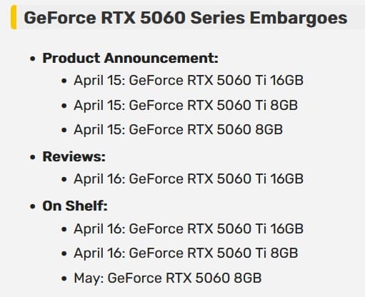 Слух: RTX 5060 Ti и RTX 5060 будут анонсированы 15 апреля